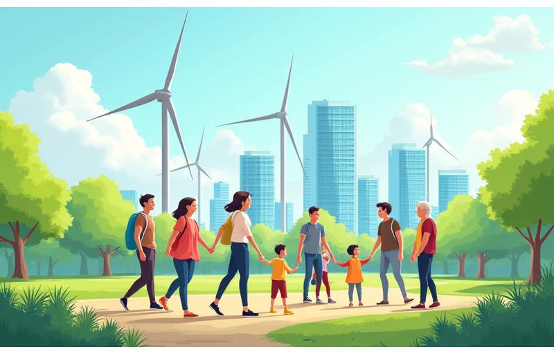 Diverse group of people smiling in a clean, modern city park with wind turbines and solar panels in the background, symbolising a sustainable future.