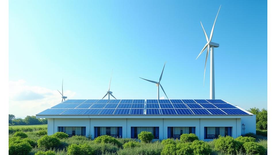 Solar panels on a commercial building roof with wind turbines in the background, symbolizing renewable business energy.