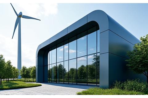 Modern Office Building with Wind Turbines