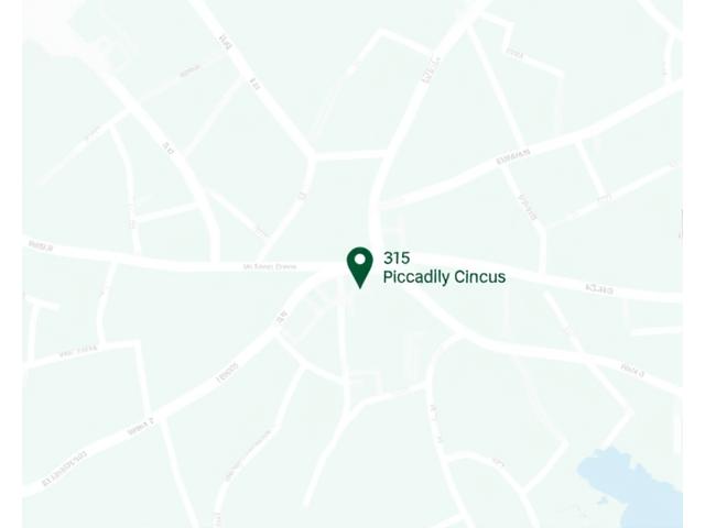 Stylized map of London pointing to LumenLink Energy's office location at Piccadilly Circus