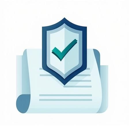 Stylized legal document icon with a shield and checkmark, representing compliance and protection.
