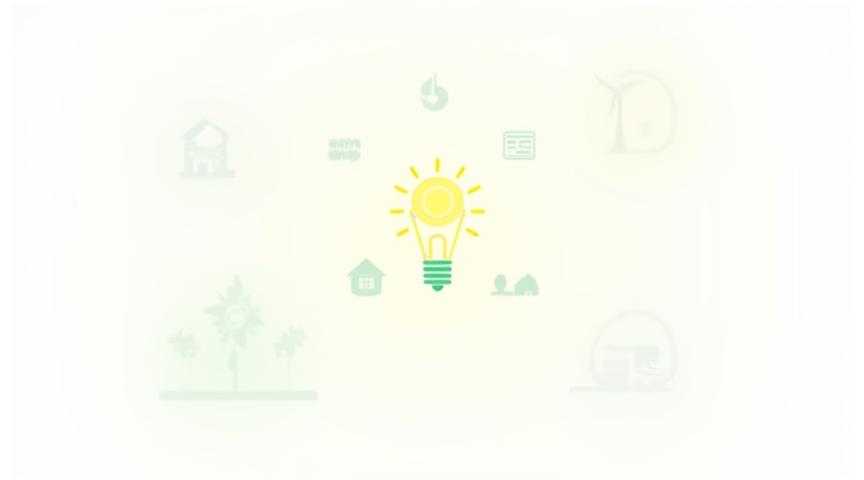 Illustration of various energy services: solar panels, wind turbine, smart home icon, and a leafy lightbulb symbolising efficiency.